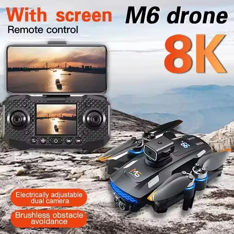 M6 8K drone with folding black body, obstacle avoidance, and remote controller featuring a built-in display screen.
