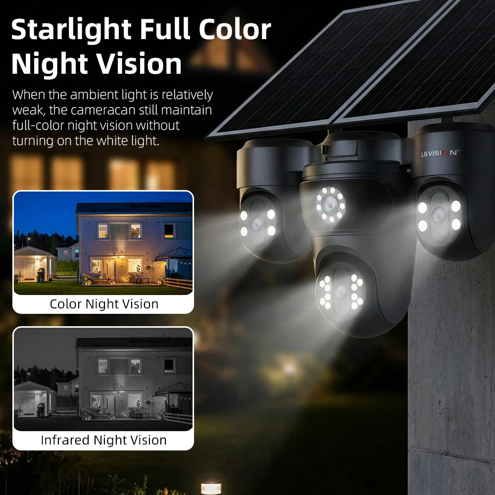 LS VISION 4-Screen 12X Optical Zoom Solar Outdoor Surveillance Camera 4G SIM AOV 24/7 Video Recording Cam Ai Auto Zoom Tracking