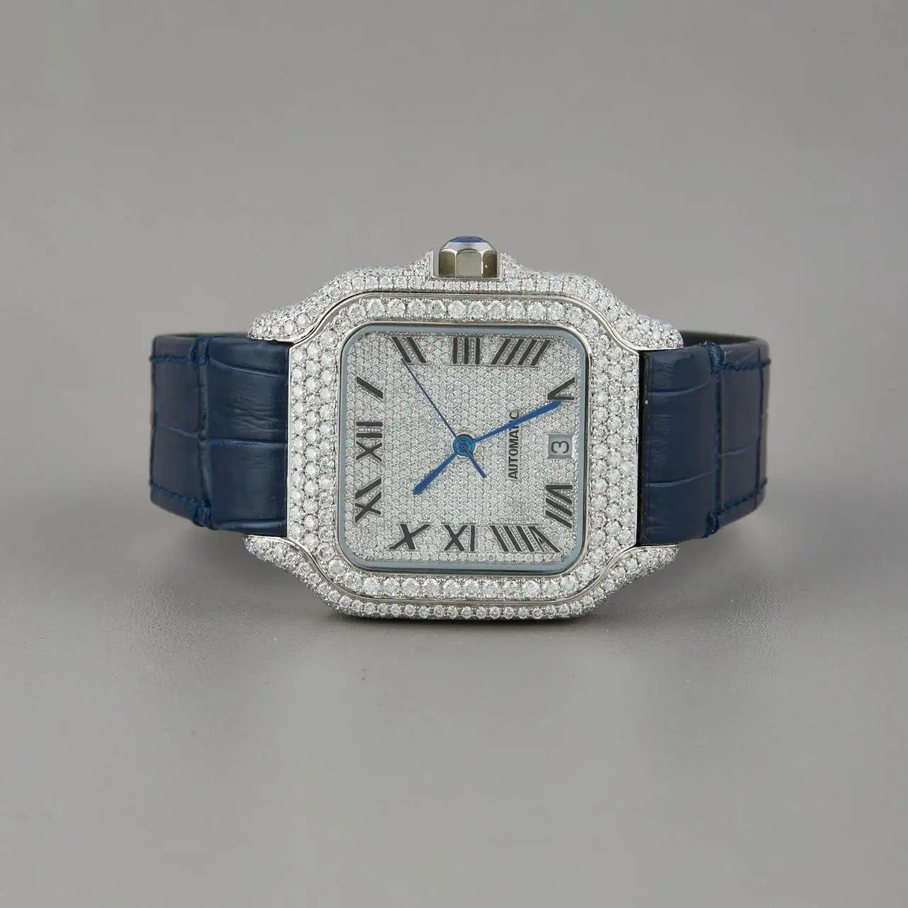 Harmonic Jewels High-End Diamond Square Women's Automatic Watch Sapphire Crystal Analog Stainless Steel Case Blue Leather Strap