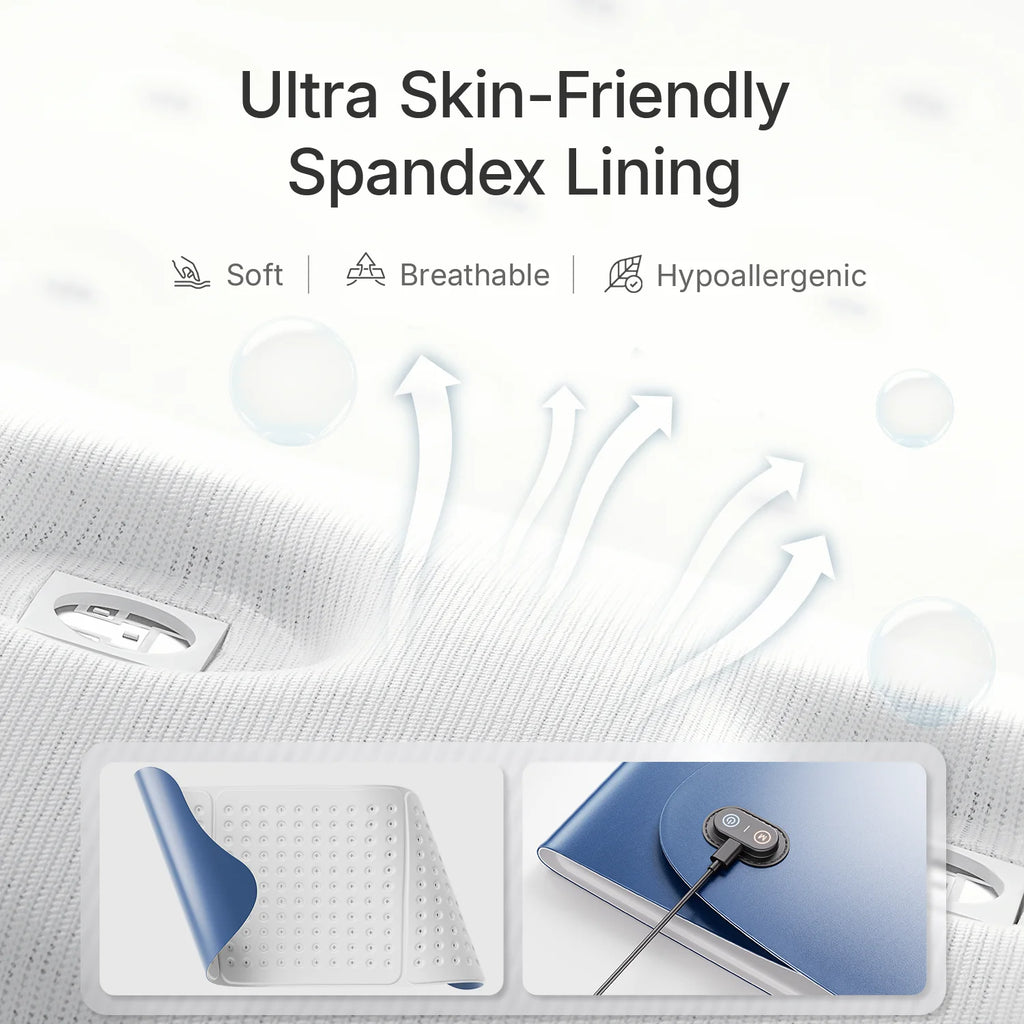 A white, soft, breathable spandex therapy pad featuring LED light arrays, with a blue exterior and a power controller.