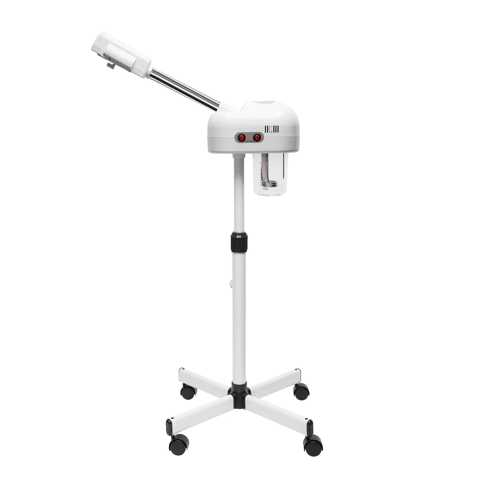 White professional facial steamer on rolling stand with 750ml water tank, 800W power, and adjustable skin care nozzle.