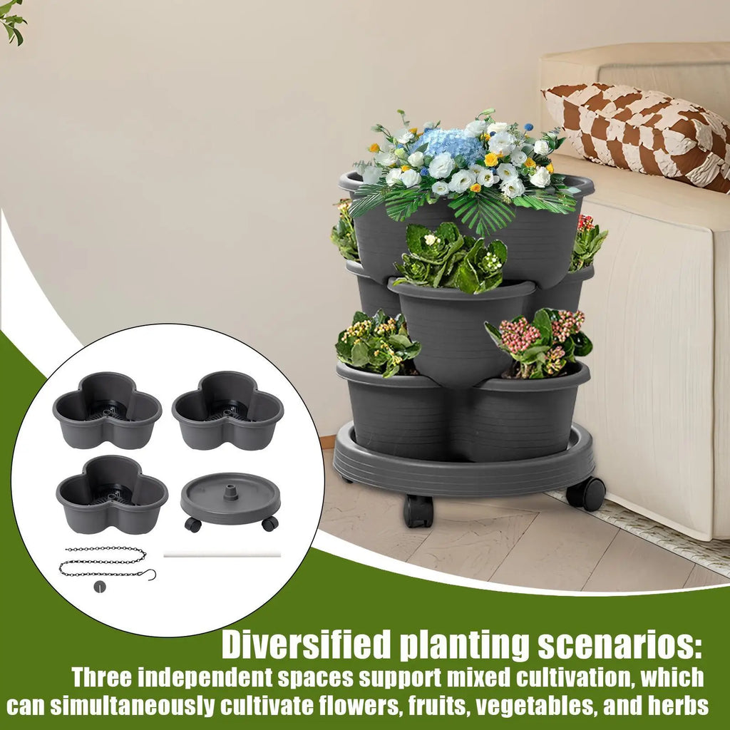 Vertical Garden Tower Stackable Outdoor Vegetable Pots Tiered Planter With Wheels For Indoor Outdoor Balcony Patio Backyard Lawn