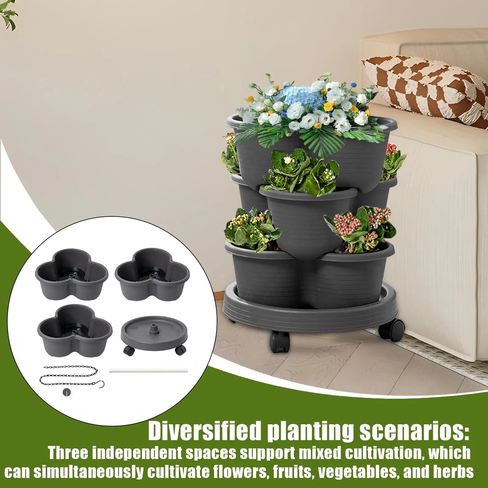 Vertical Garden Tower Stackable Outdoor Vegetable Pots Tiered Planter With Wheels For Indoor Outdoor Balcony Patio Backyard Lawn