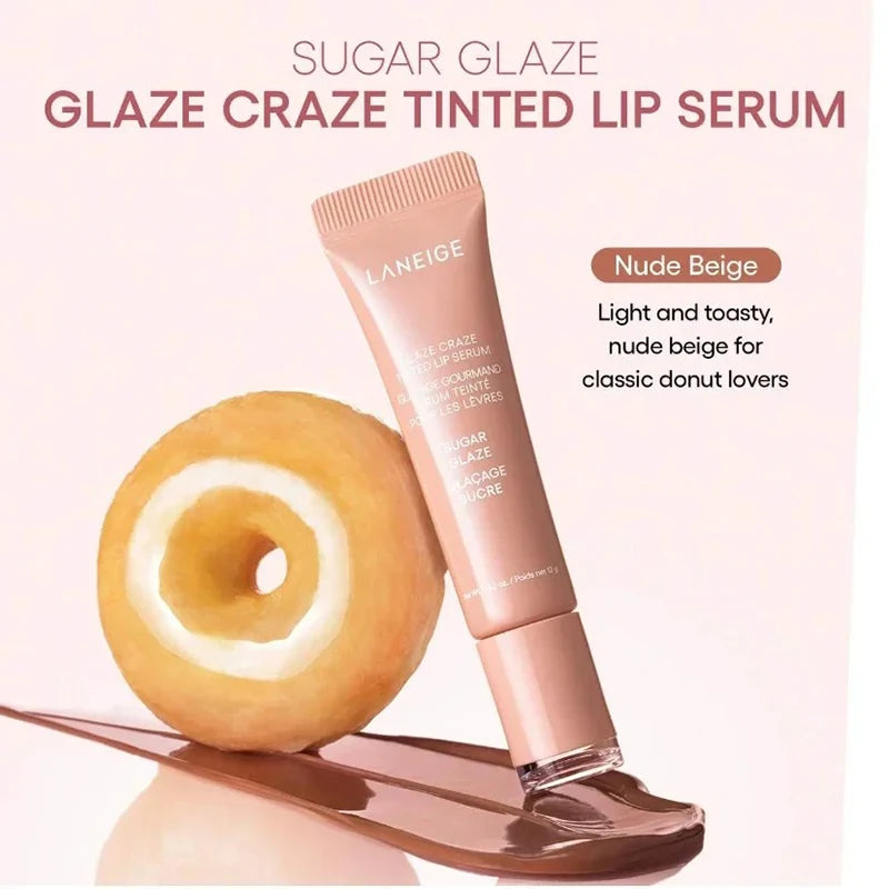 Laneige Glaze Craze Nude Beige lip serum tube with a donut, showcasing a smooth, hydrating, glossy makeup texture.