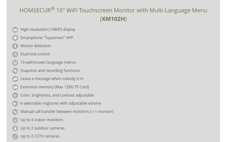 Tuya WiFi Intercom Monitor 7"/10" Touch Screen 4 Wire Motion Detection for HOMSECUR HD 1080P Video Doorphone Smart Home Security