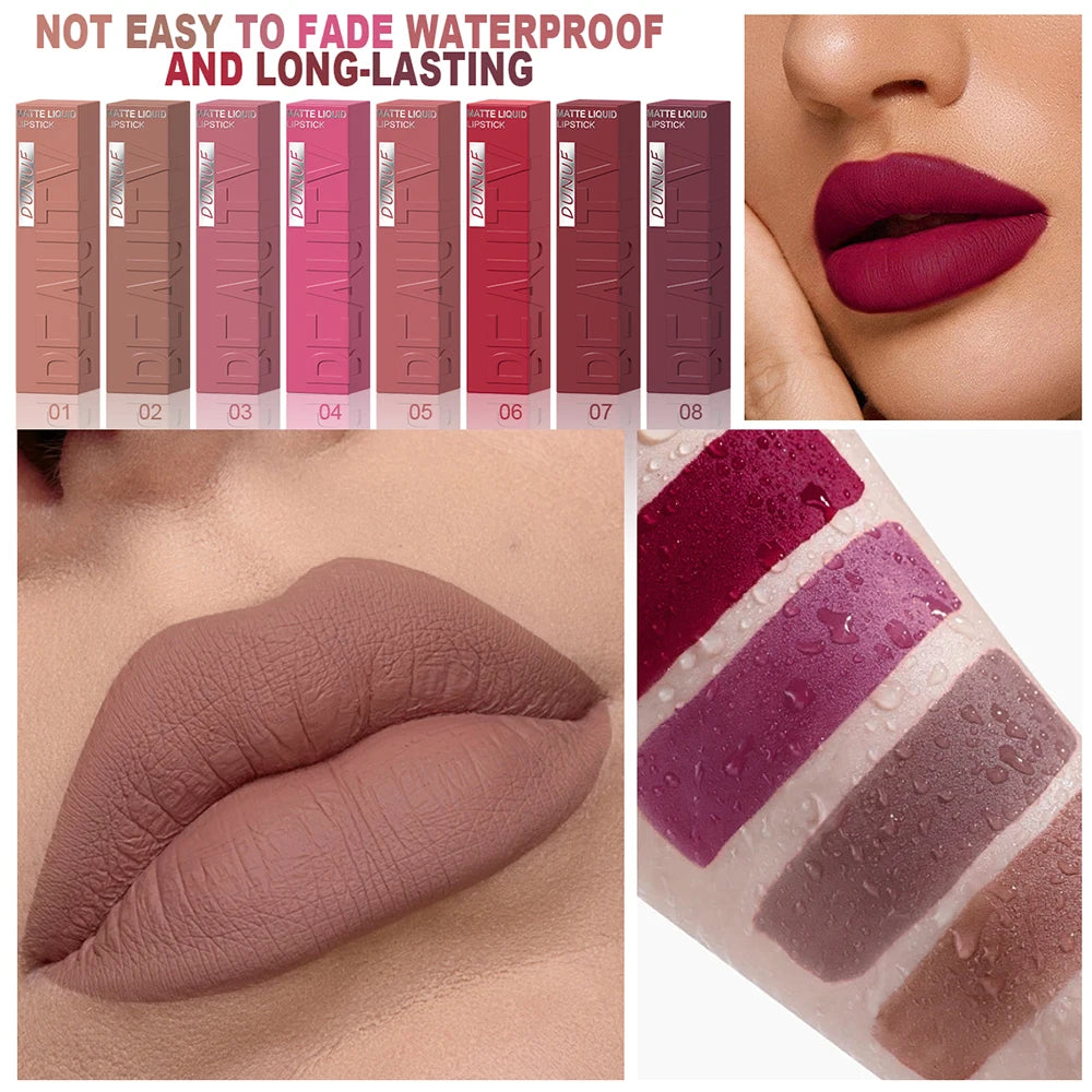 8pc matte liquid lipstick set featuring waterproof, long-lasting nude and bold shades with a smooth, non-stick finish.