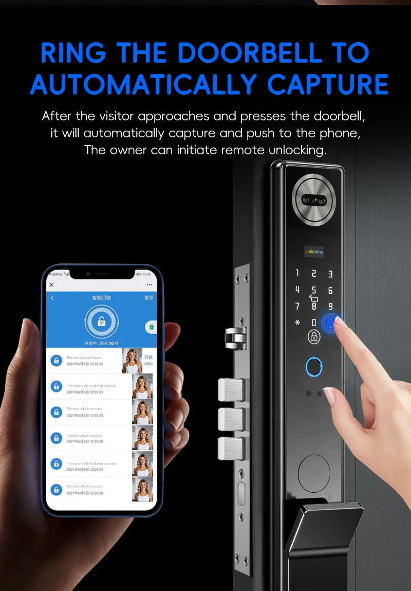 SANKESONG Smart Lock Real Time Intercom Wifi Camera Fingerprint Intelligent Palm Vein 3D Face Recognition Door Lock  DualBattery