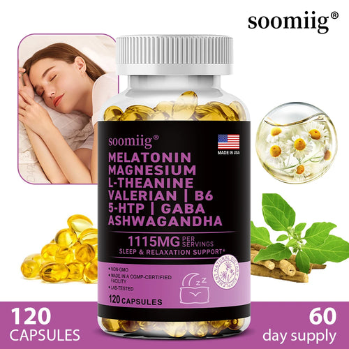 Soomiig 120-capsule melatonin sleep supplement in black and purple packaging for relaxation support.