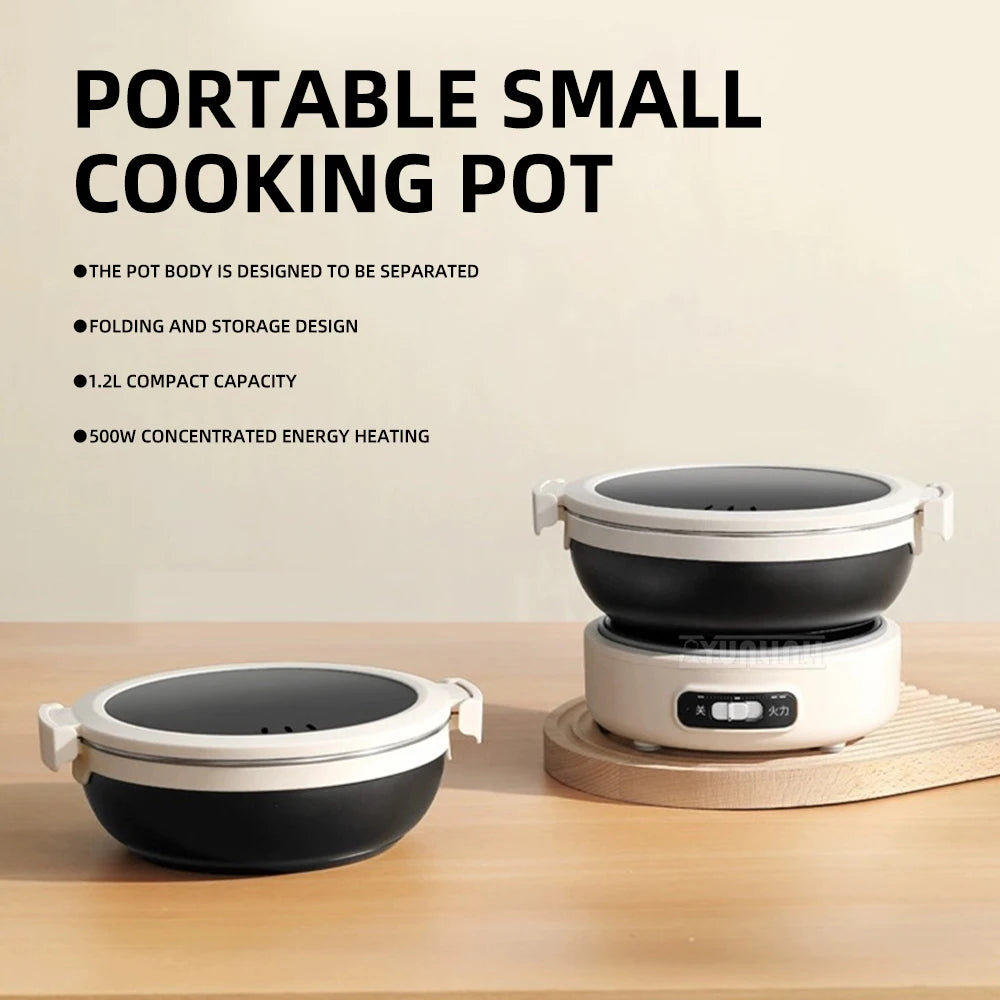 Portable electric cooking pot with black foldable bowl and white compact base, side handles