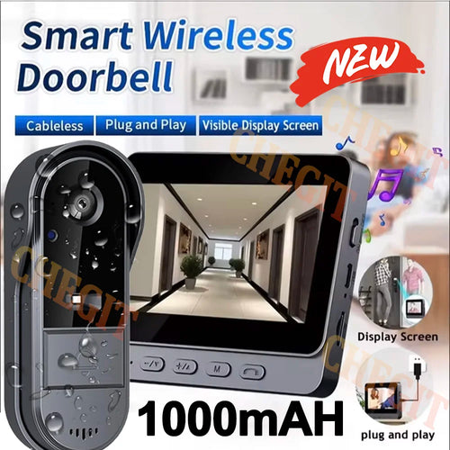 Wireless WiFi doorbell camera with 4.3-inch display screen, black exterior, weatherproof design