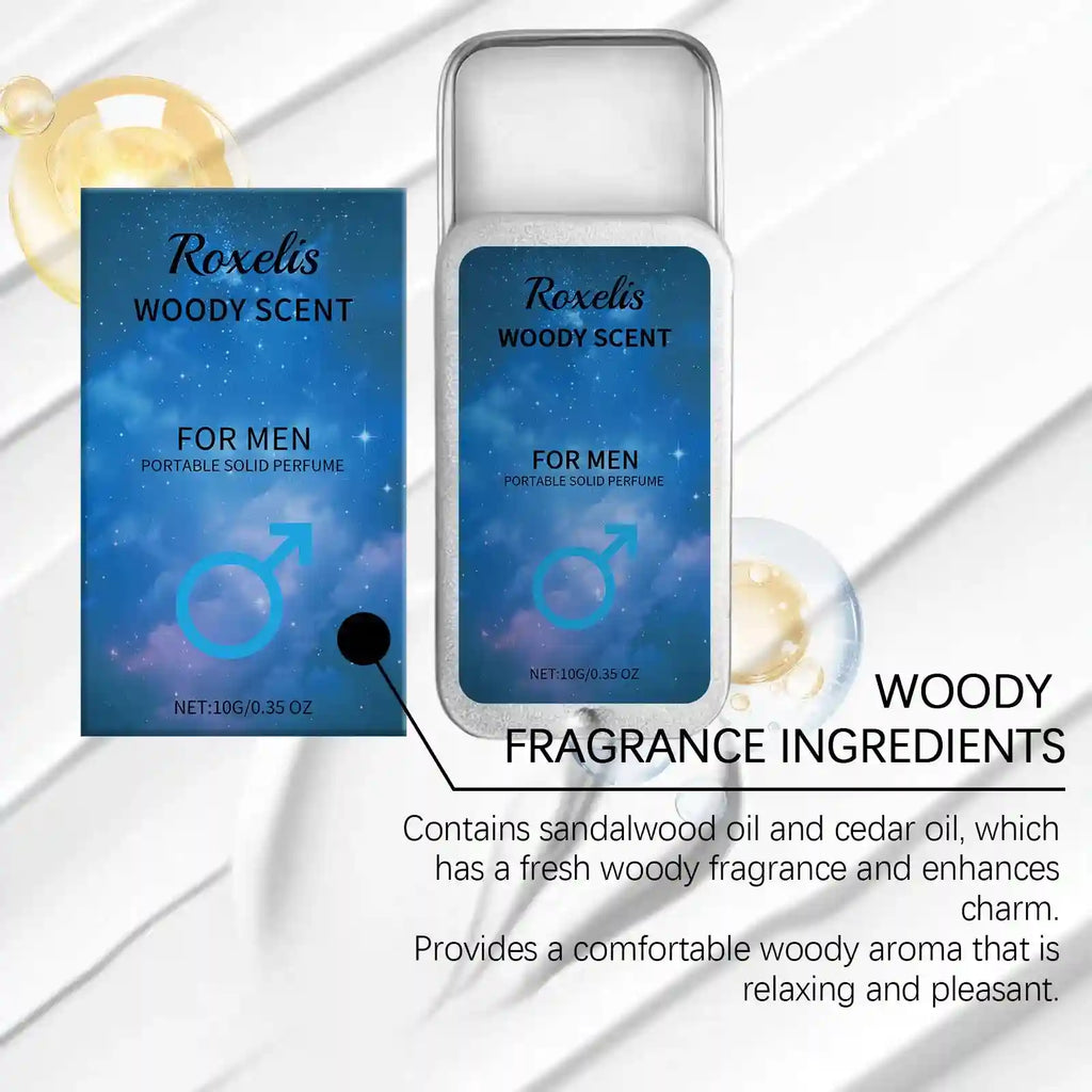 Roxelis woody solid perfume for men in rectangular metal tin. Portable pocket balm with sandalwood and cedar oil notes.