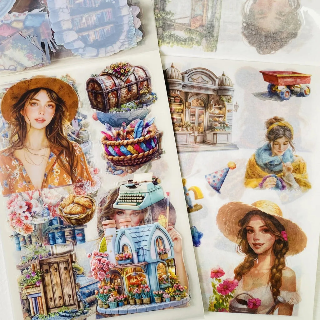 Journamm 20-sheet PET decorative sticker book with aesthetic vintage illustrations for journaling and scrapbooking.