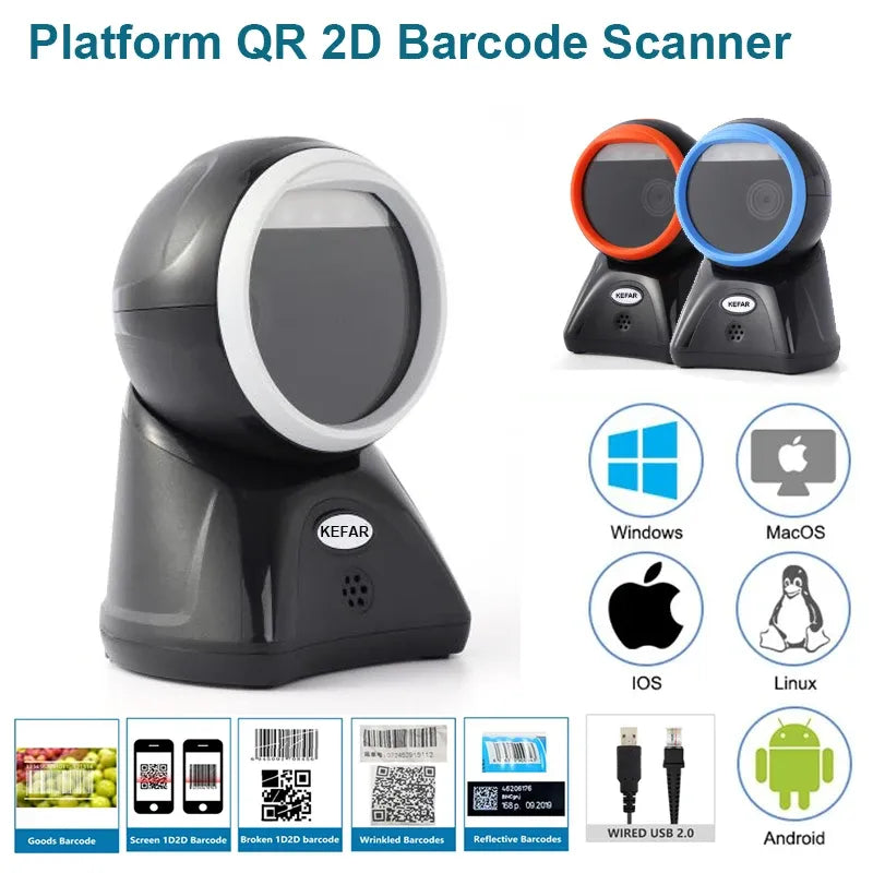 2D QR barcode scanner on platform base with colored ring tops and system icons