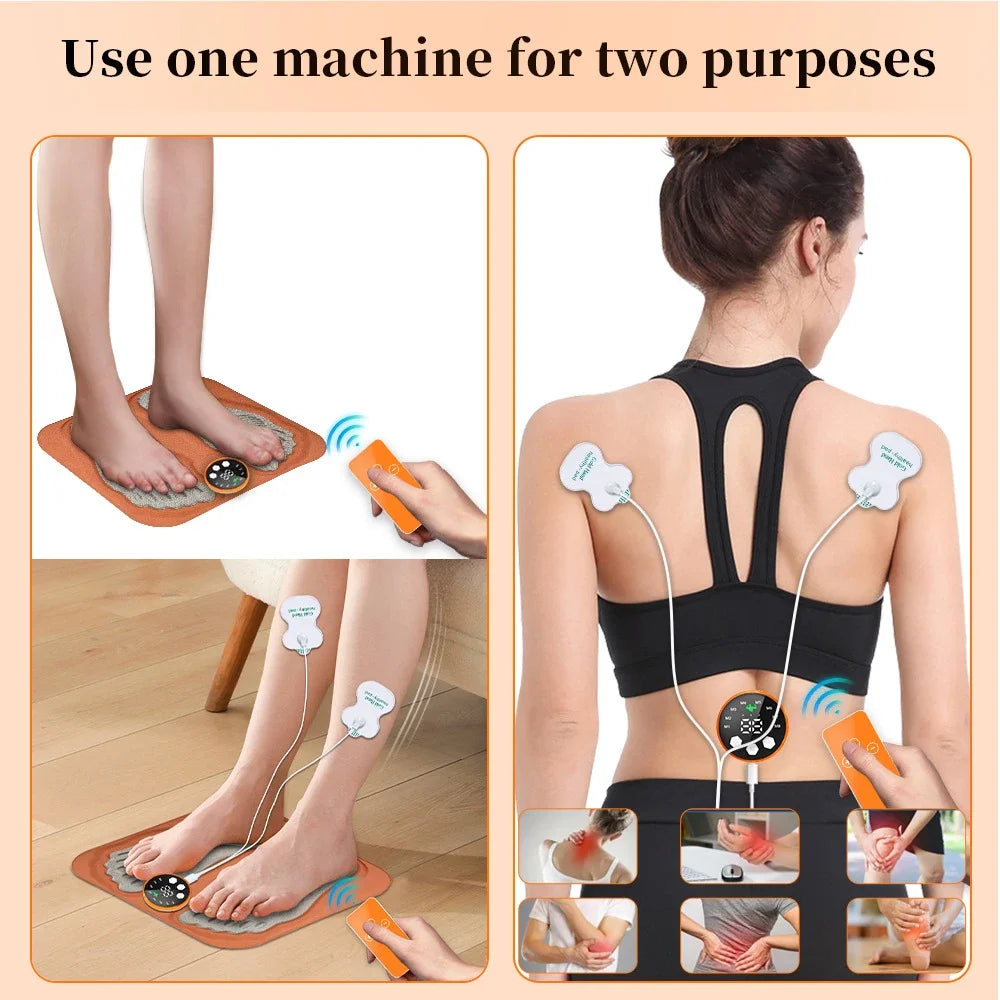 3D smart foot and body massage pad with RF remote, 8 modes, and electrode patches for muscle relief and circulation.