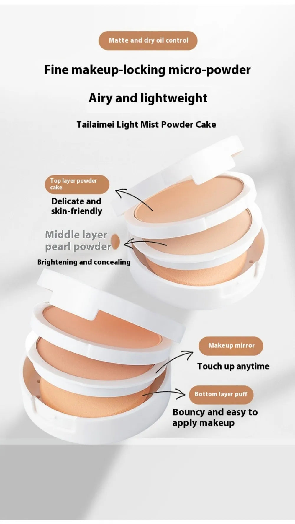 Tidesmit TLM two-way cake compact powder texture close-up featuring matte finish oil control pressed face makeup