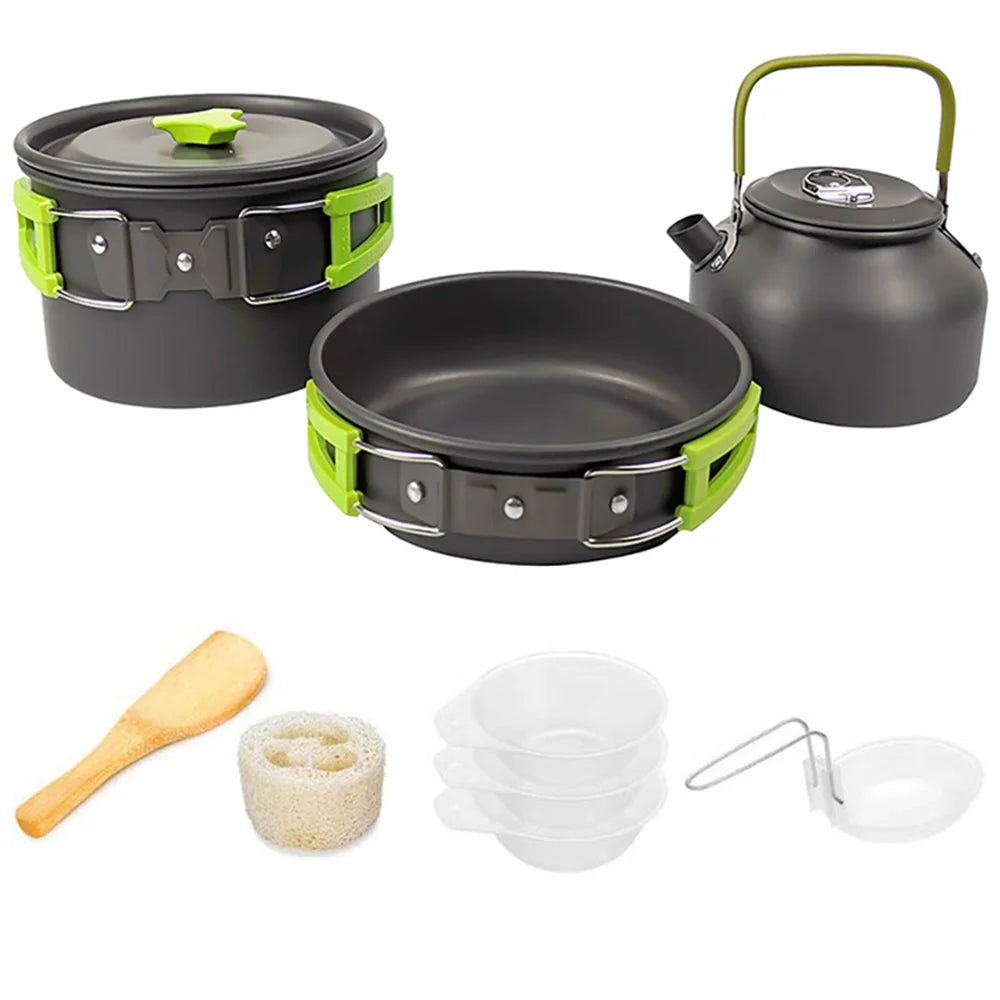 Aluminum camping cookware set with black pots and lime-green lock straps and accessories