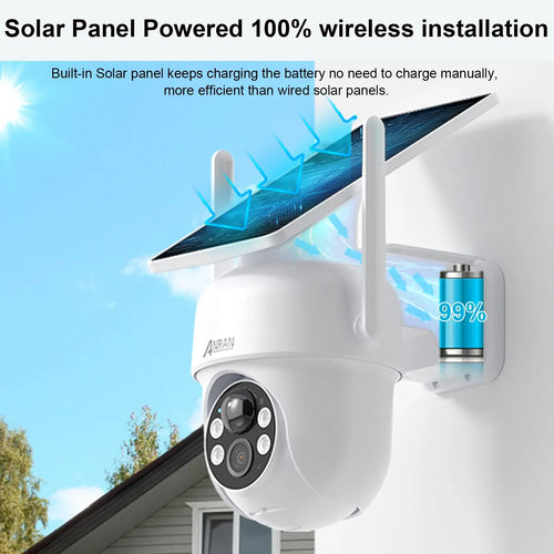 White solar-powered Wi‑Fi security camera with charging battery and side sensor module