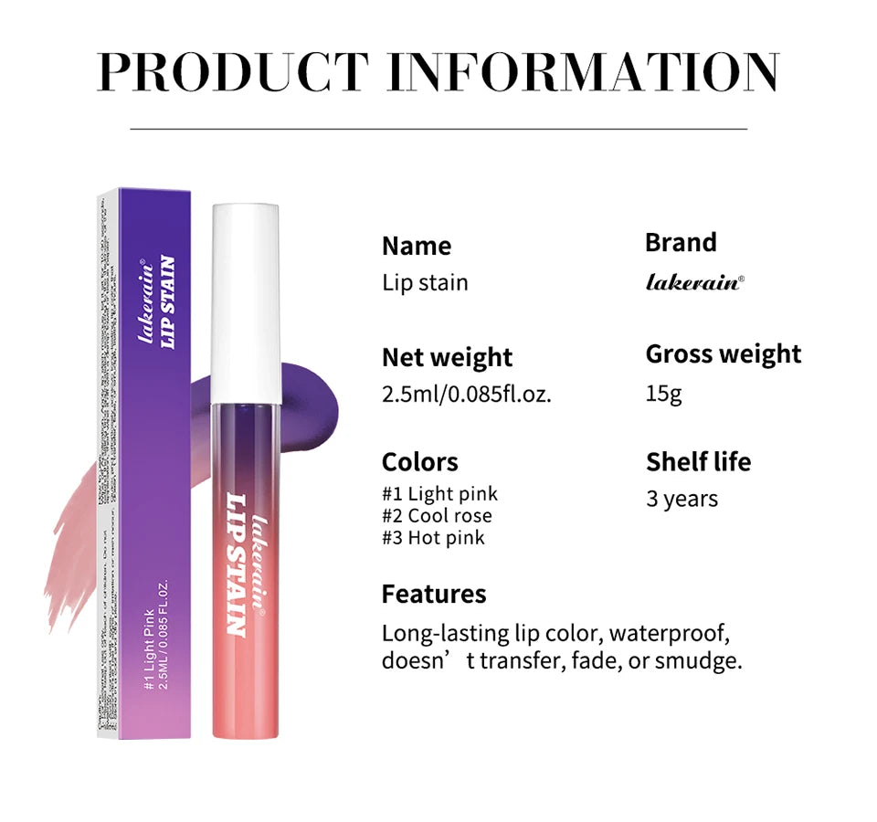 Lakerain waterproof peel-off lip stain in pink packaging. Long-lasting, transfer-proof, non-stick liquid lip tint.