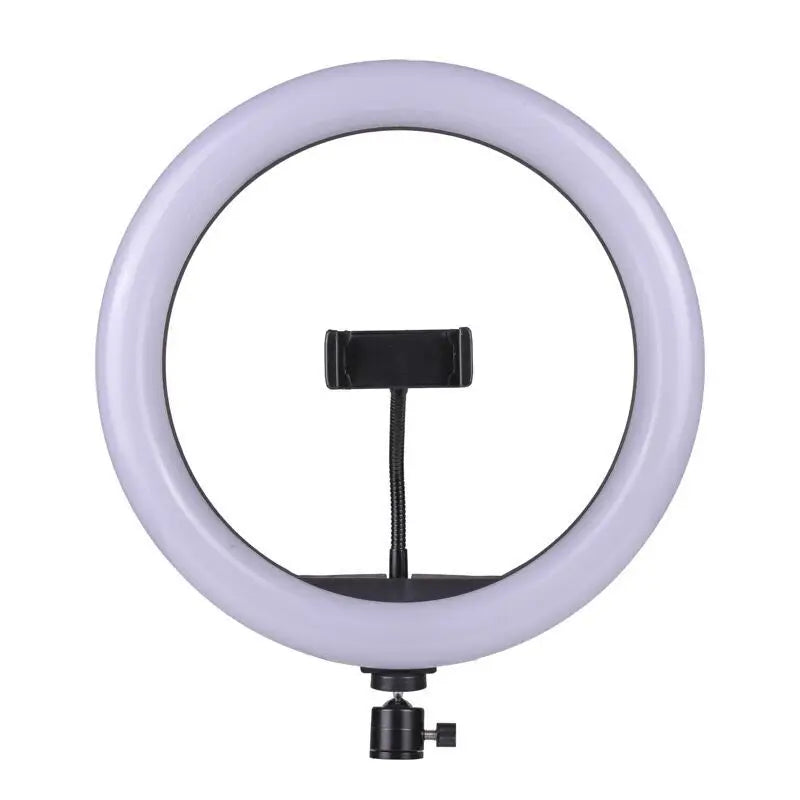 White circular ring light with a center flexible phone mount and bottom ball head adapter for photography and video.