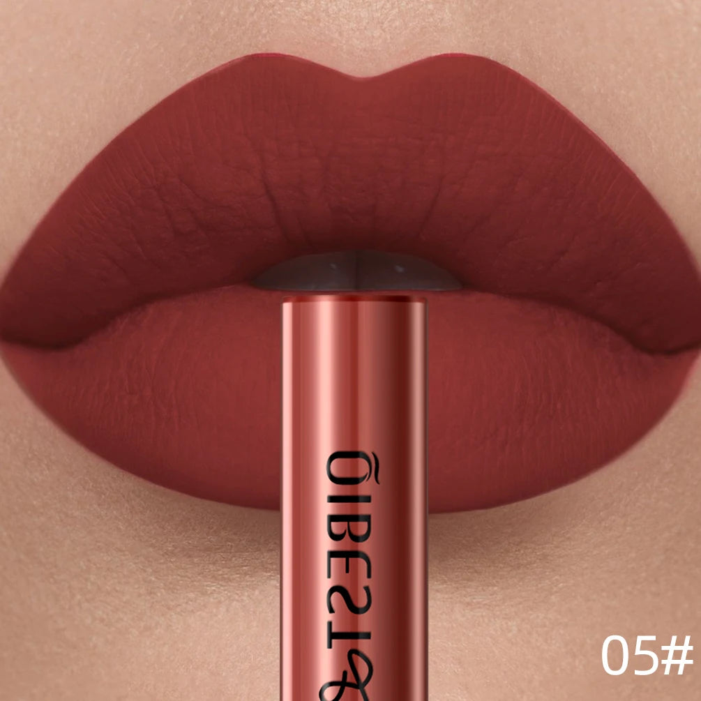 Velvet matte red liquid lipstick in shade 05, featuring a long-lasting, non-stick, waterproof finish on lips.