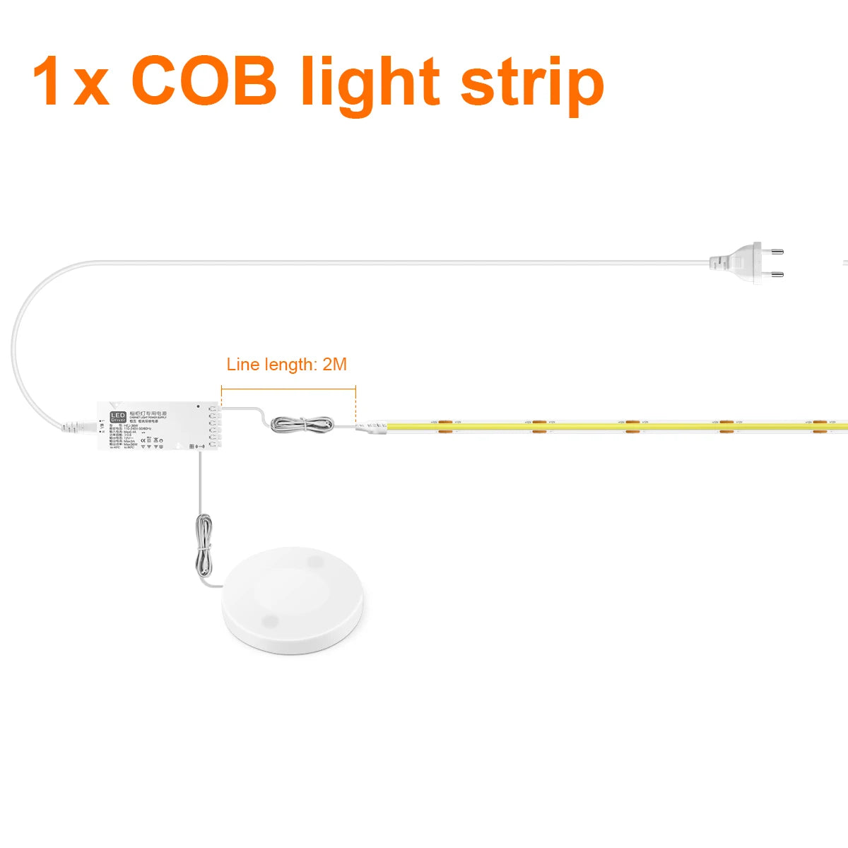 1-pack COB LED strip light kit with 2 m cable, plug, and touch sensor