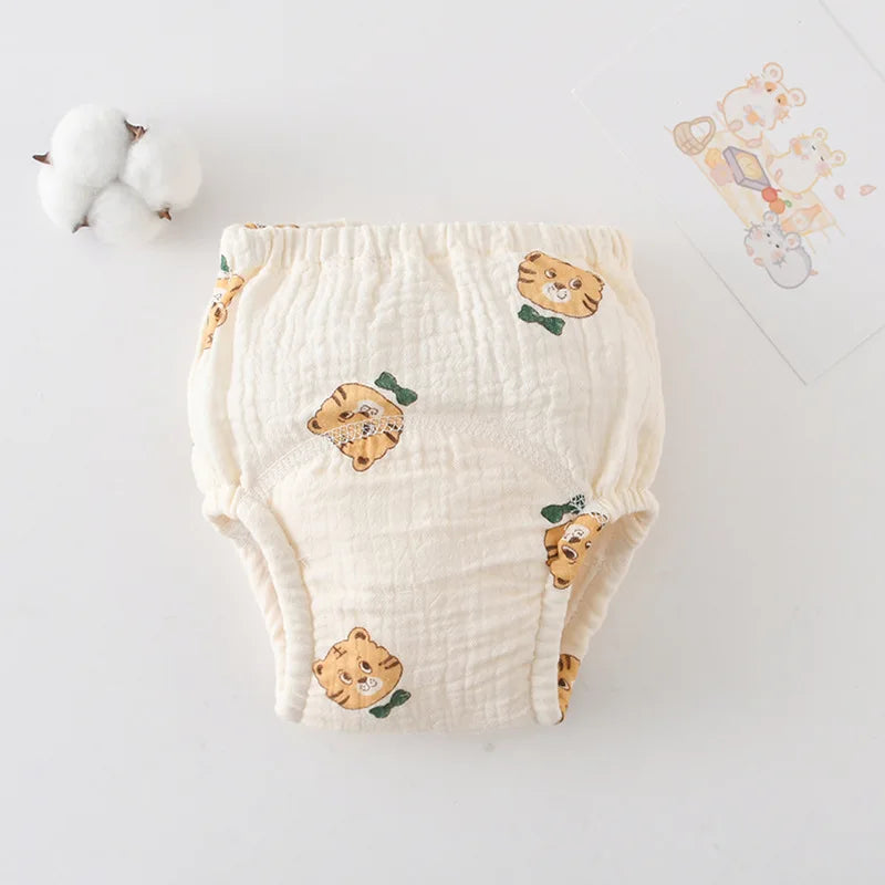 Soft cotton baby training diaper with cute tiger print pattern, ideal for infant potty training.