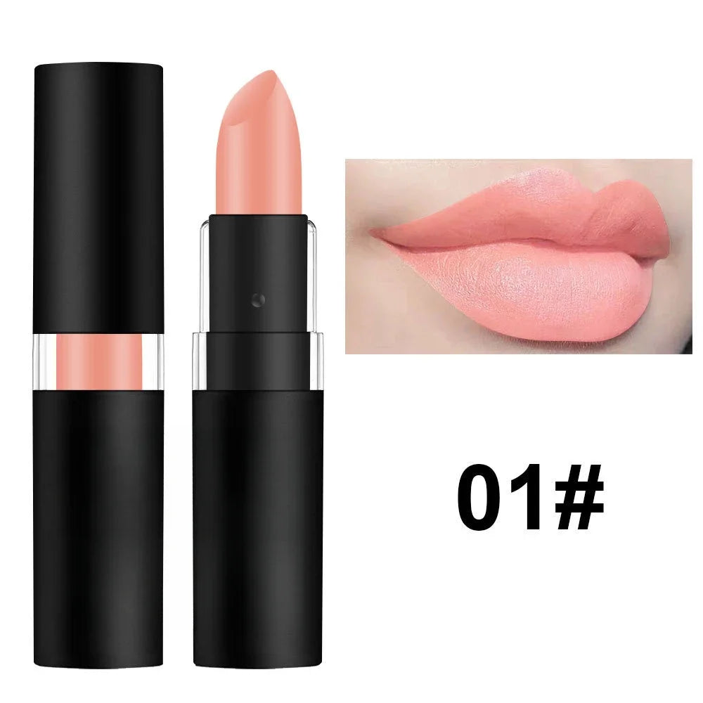 Nude peach matte lipstick in black tube with swatch on lips, waterproof long-lasting lip makeup.