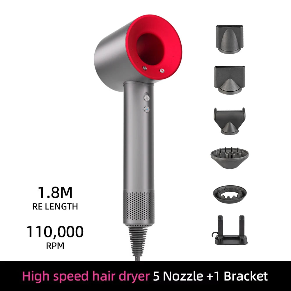 Grey and red high-speed bladeless ionic hair dryer with 5 magnetic nozzles and storage bracket for quick, silent drying.