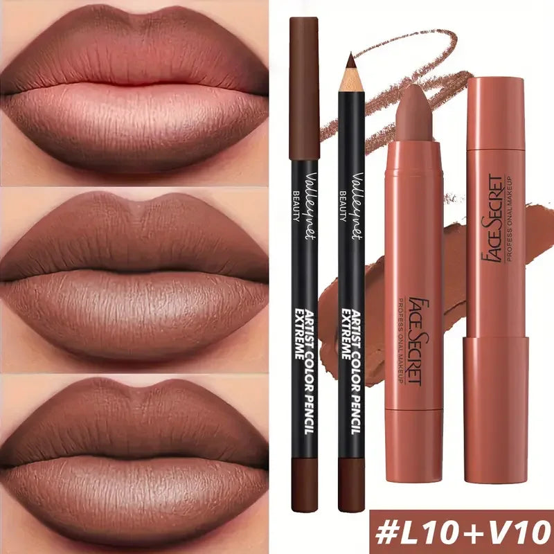2pcs matte velvet lipstick set with lip liner in deep brown shade. Waterproof, long-lasting, high-saturation lip makeup.