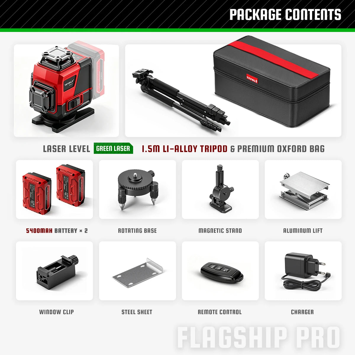 360 green laser level kit with carrying bag, rotating base, two batteries, remote, and stand