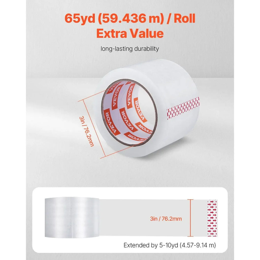 Clear packing tape roll, 3 in (76.2 mm) wide, 65 yd per roll, 2.7 mil