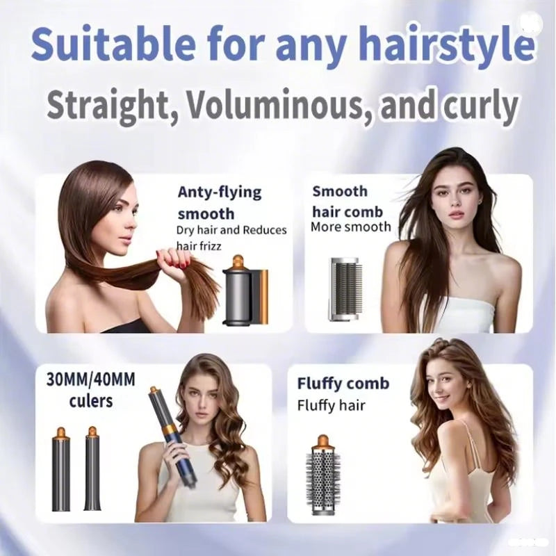 6-in-1 negative ion hair styler with curling barrels, smooth brush, and fluffy comb for professional hair styling.