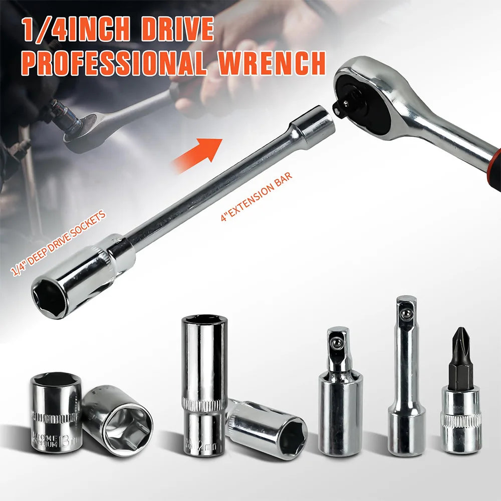 Camecho 53Pcs/Set 1/4-Inch Car Repair Tool Kit Socket Set Car Repair Tool Ratchet Torque Wrench Combo Auto Repairing Tool Set