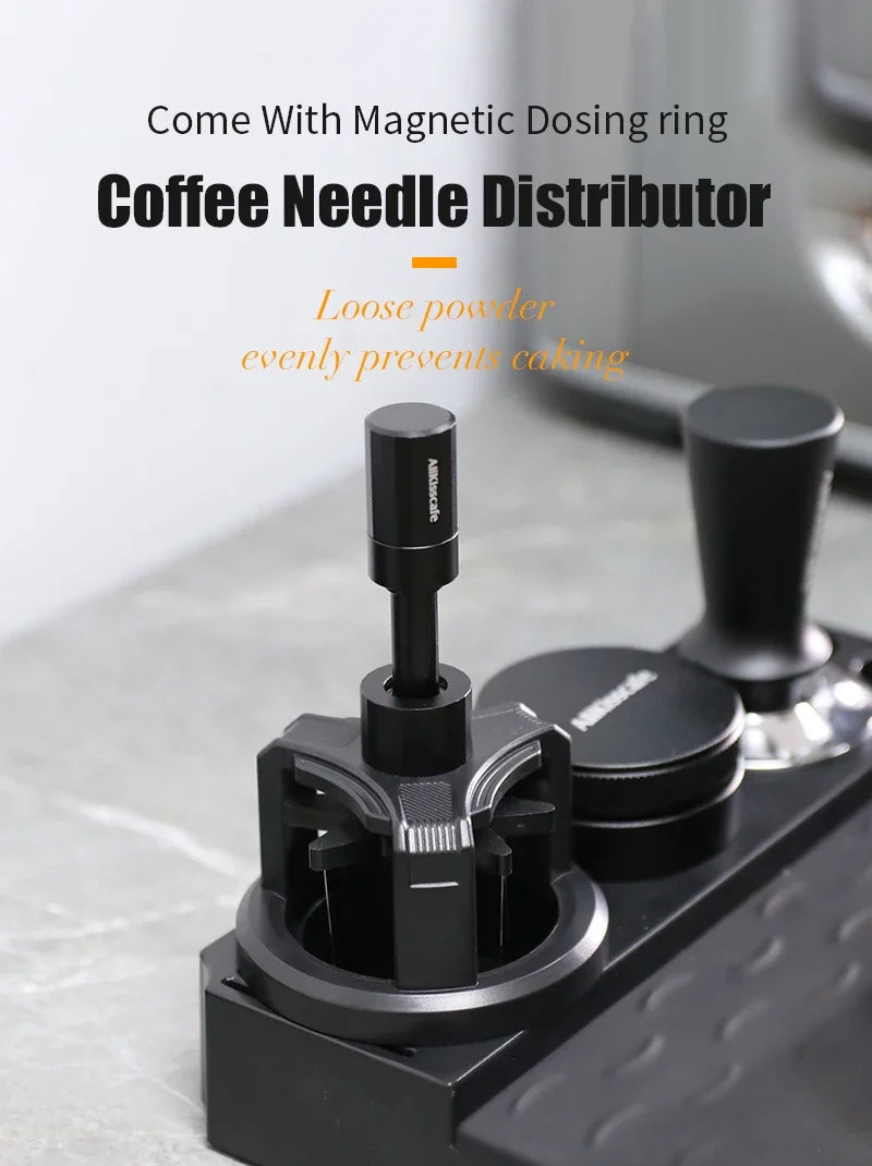 Allikisscafe black metal espresso needle distributor with magnetic dosing ring on a coffee station base.