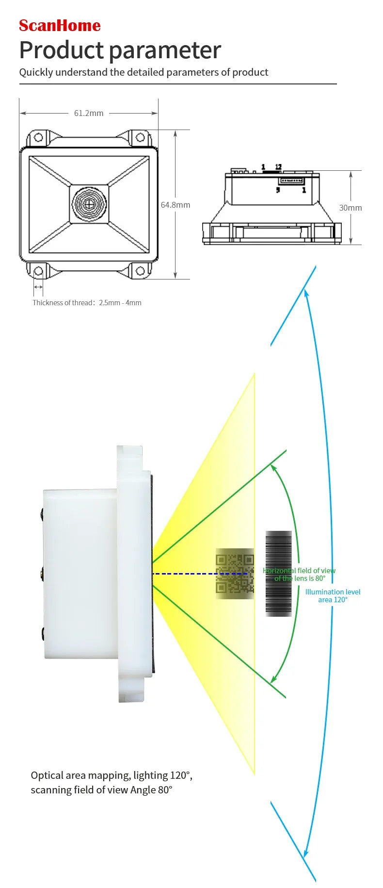 Barcode reader module with front and side dimension diagrams