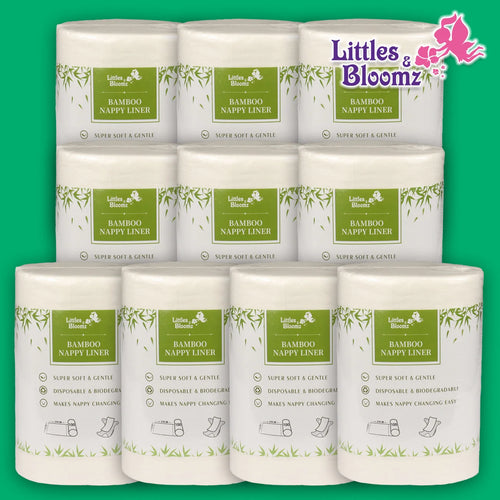 Littles & Bloomz bamboo nappy liners, 10-pack of biodegradable baby care liners for easy diaper changing.