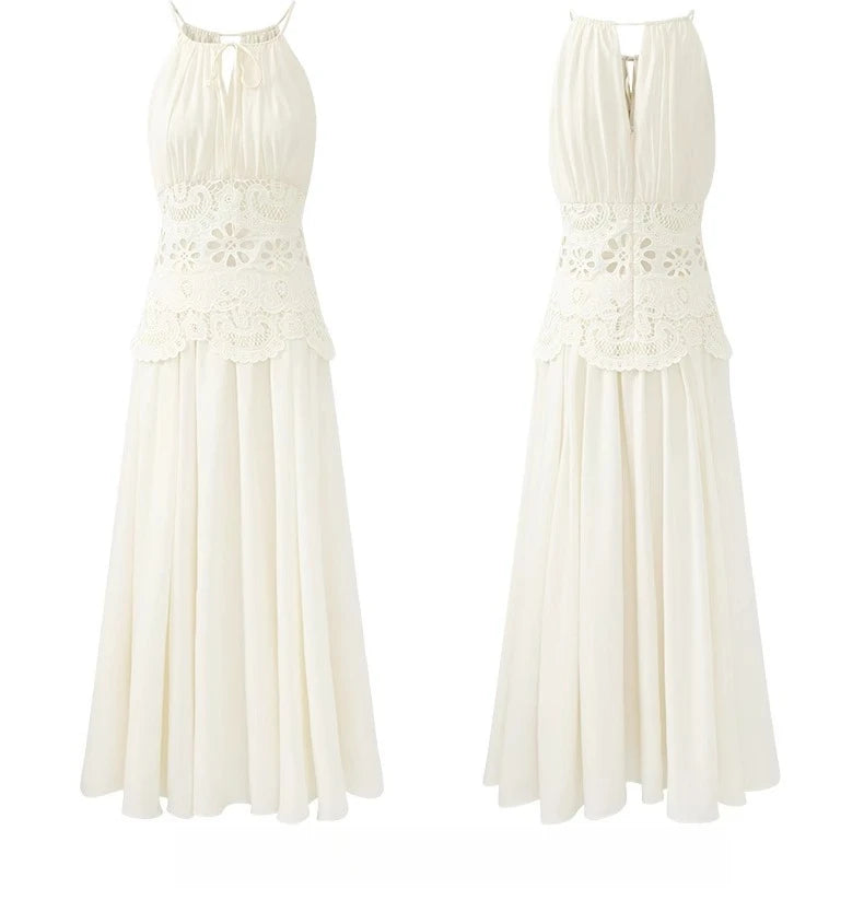 Lace Halter Maxi Dress Women Summer A-Line Slim Fit French Style Elegant Long Dress Hollow Out Sleeveless Fake Two-Piece Outfit