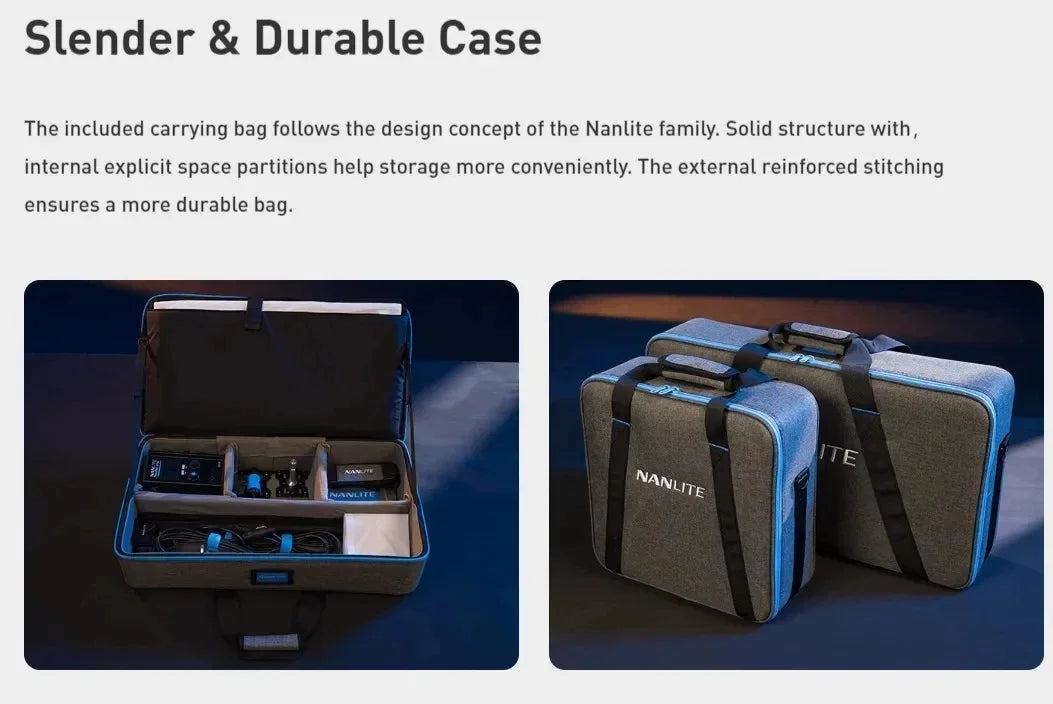 Grey rectangular carrying case with blue accents, reinforced stitching, and internal partitions for organizing