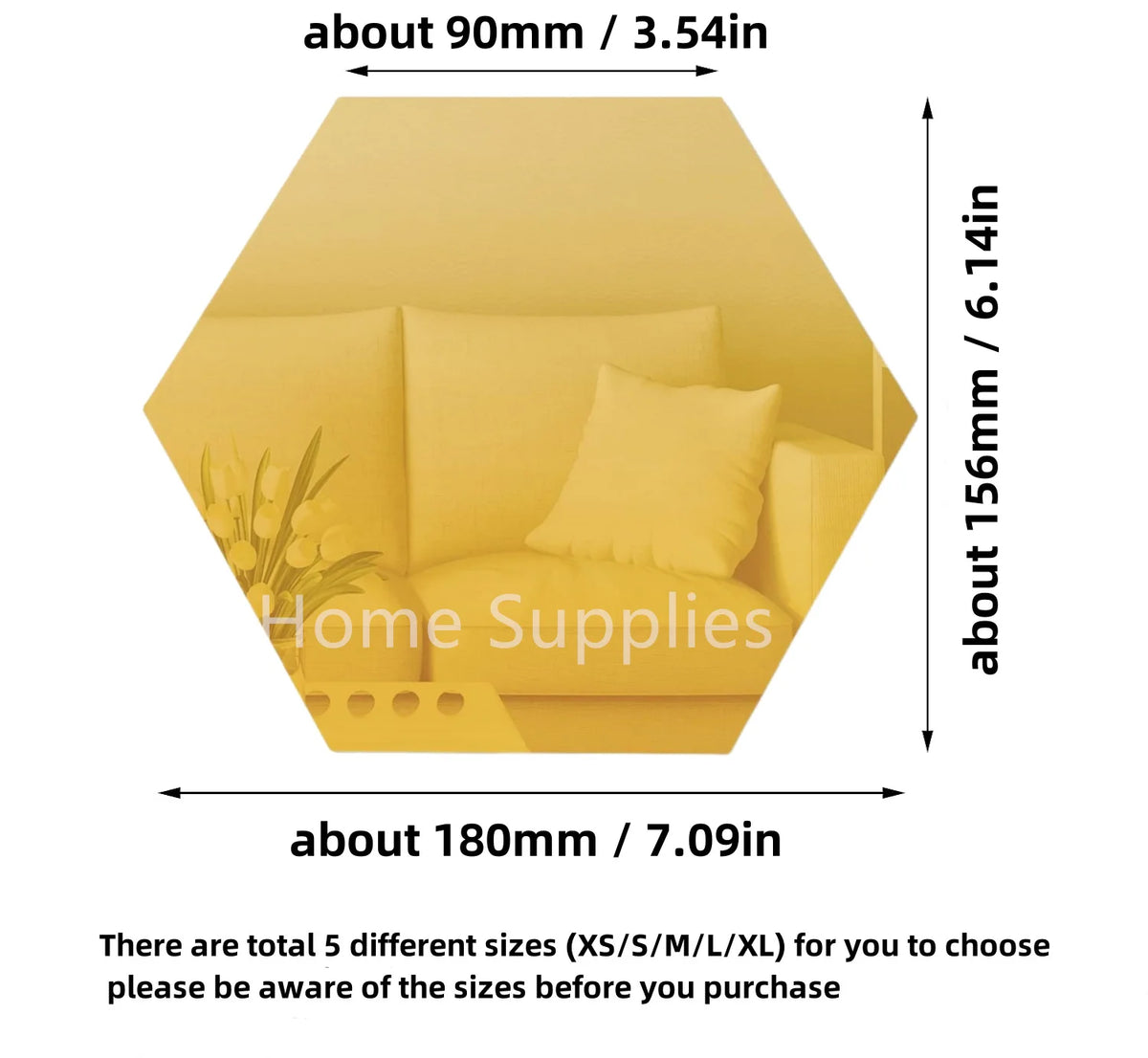 Gold hexagon mirror sticker, approx 180mm x 90mm.