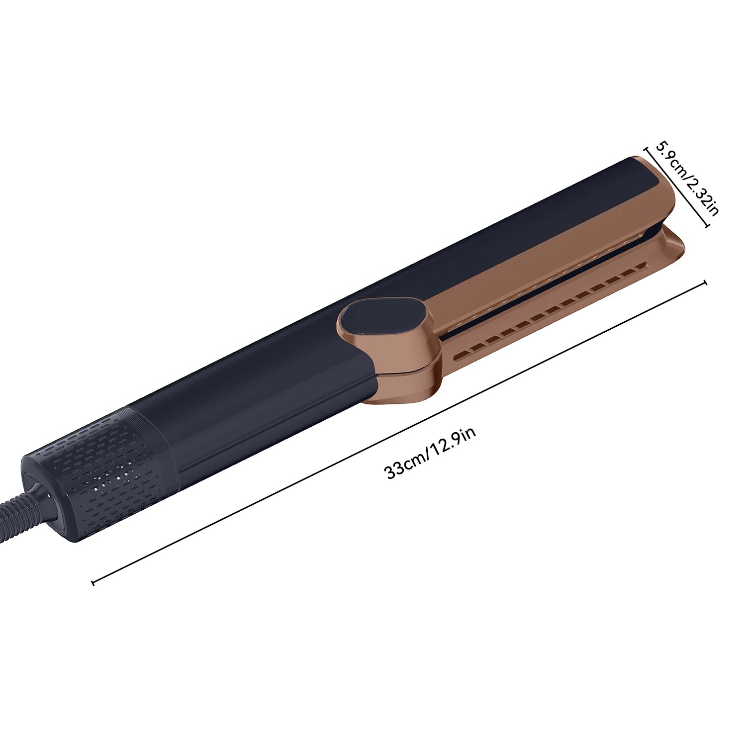 2-in-1 black and bronze hair straightener and dryer with 12.9-inch ergonomic design for wet or dry styling.