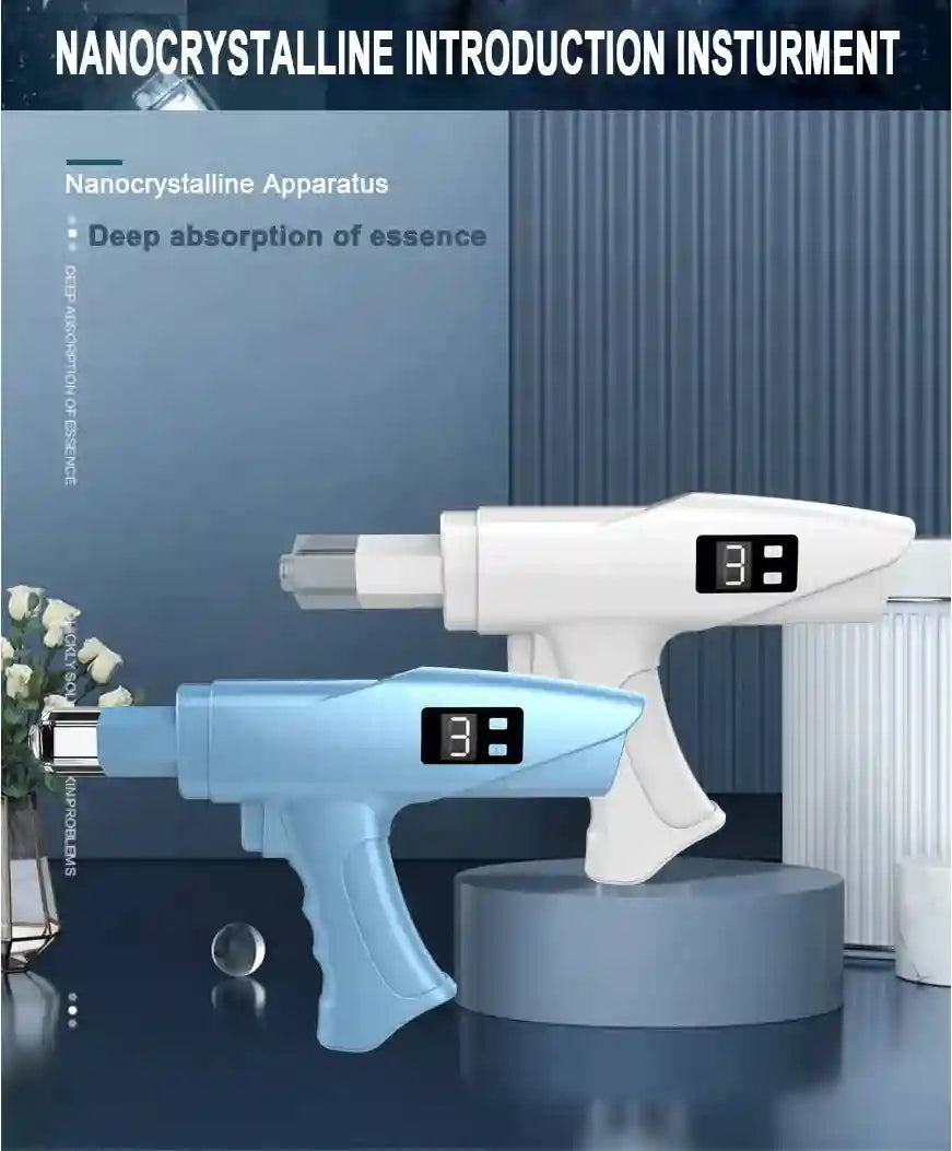 White and blue handheld nanocrystalline water light injection guns with digital displays on a pedestal.