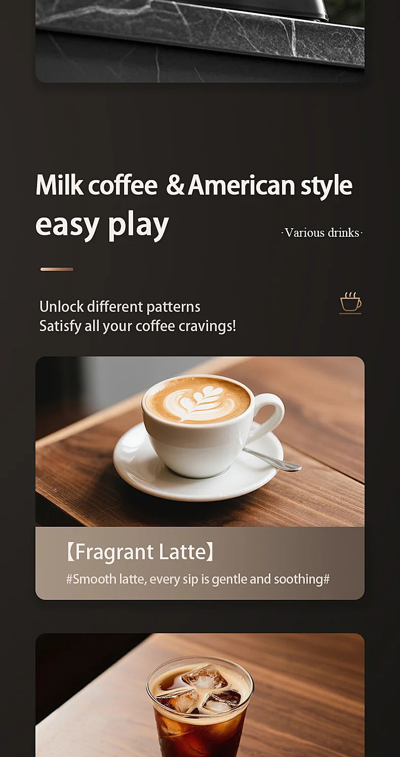 White ceramic cup of latte with leaf latte art on a wooden table, featuring marketing text for milk coffee drinks.