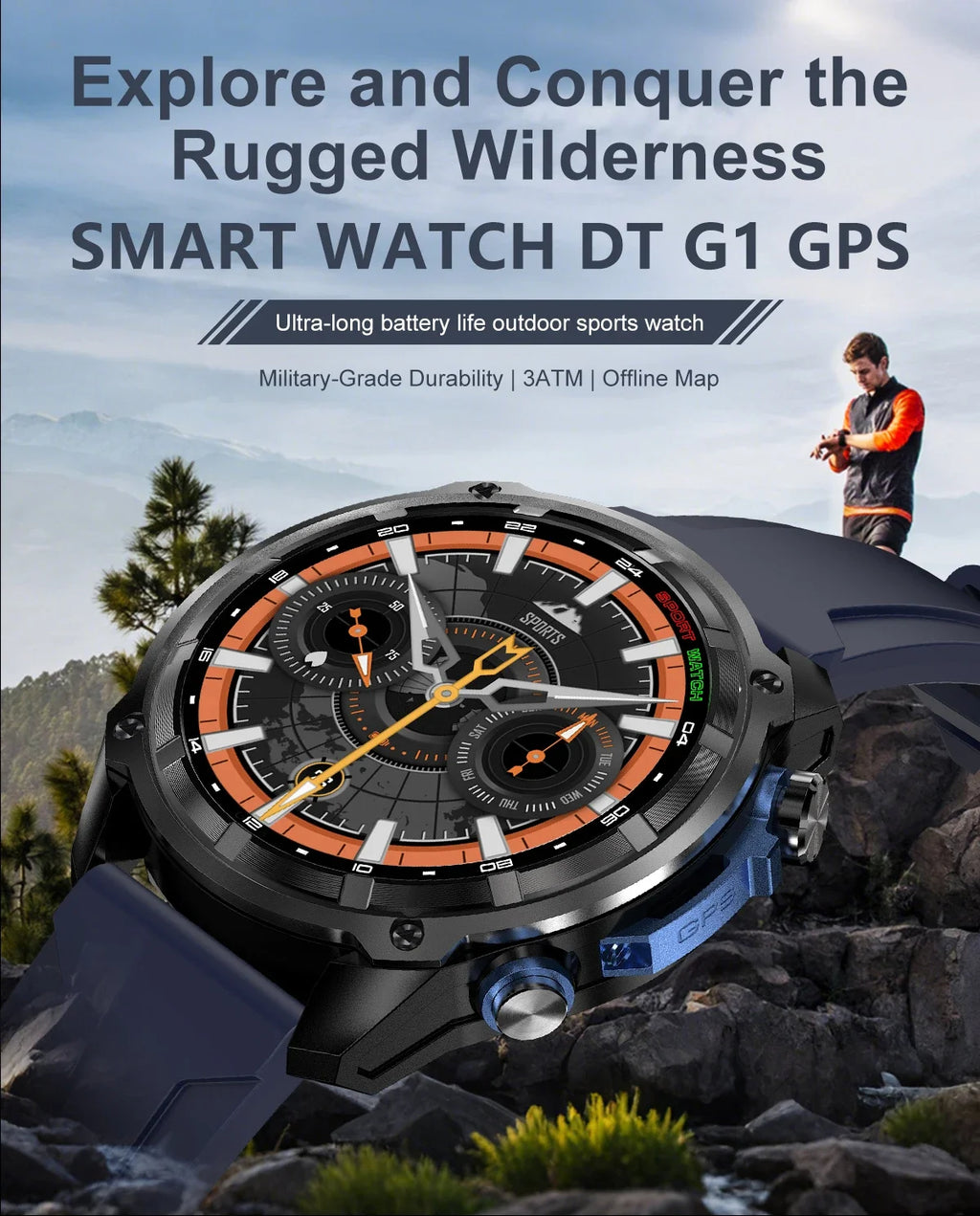 2026 New Outdoor Adventure DT G1 Smart Watch GPS Offline Map 100+Sports Mode Fitness 3ATM Waterproof Bluetooth Call Smart Watch