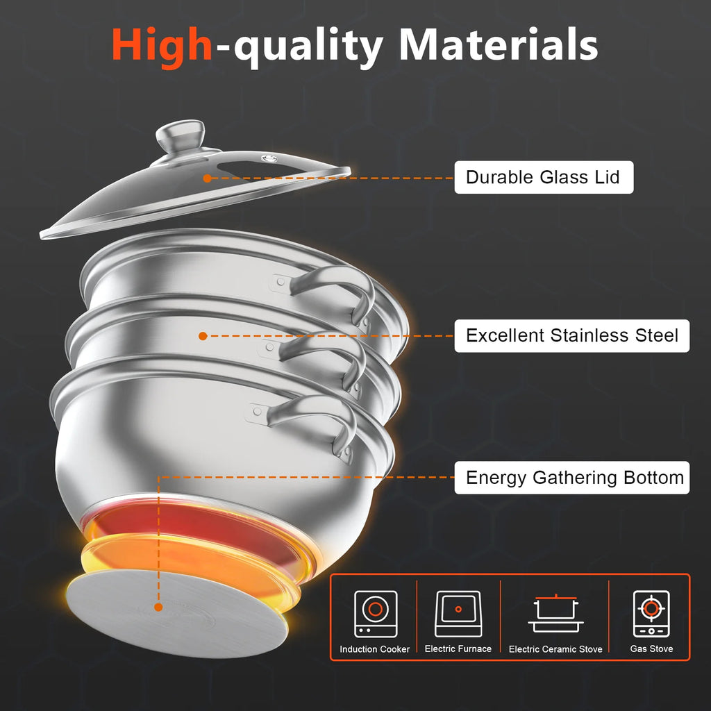 Stainless steel 3-tier steam cooker with domed glass lid, side handles, and perforated trays