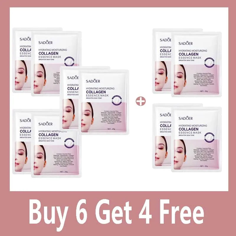 Collagen facial mask packs in pink sachets, shown as a buy 6 get 4 free set