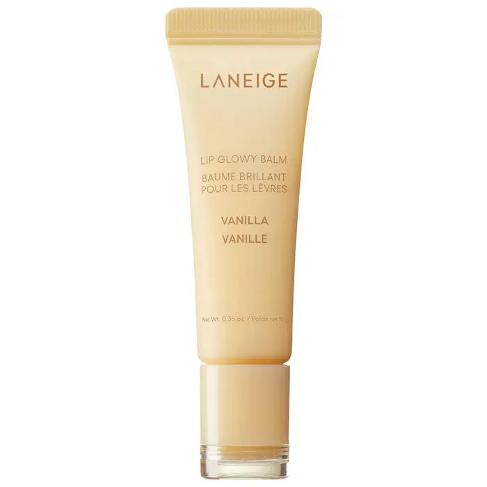 Laneige Lip Glowy Balm in Vanilla, a moisturizing glossy lip treatment in a light yellow squeeze tube.