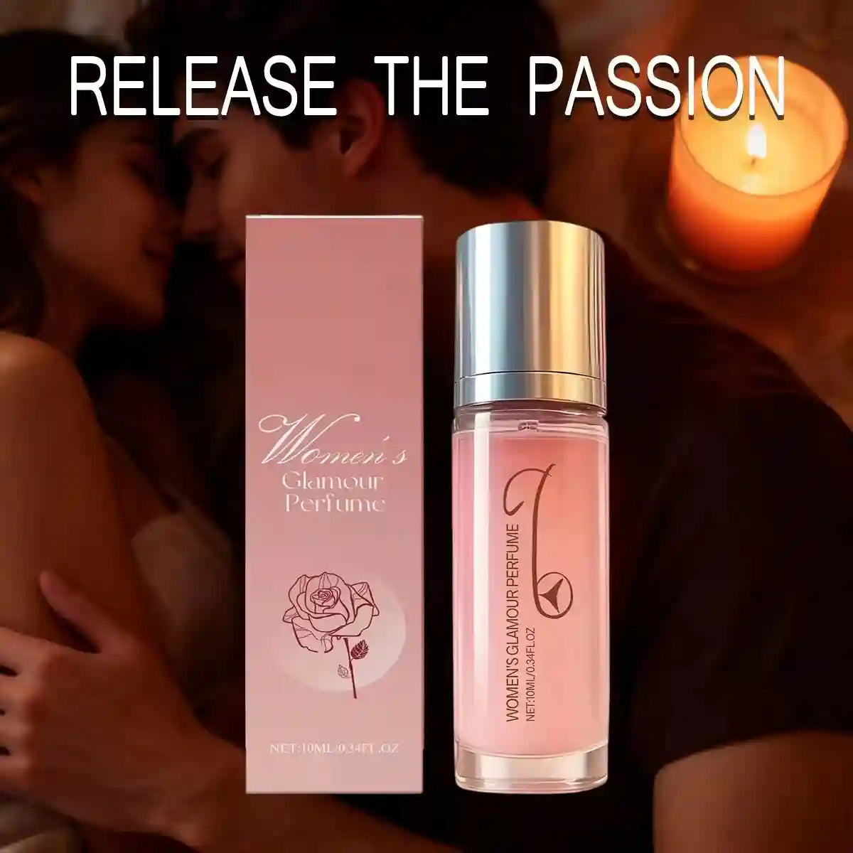Women’s Glamour Rose perfume rollerball. Elegant, long-lasting floral fragrance in a portable, clear glass bottle.