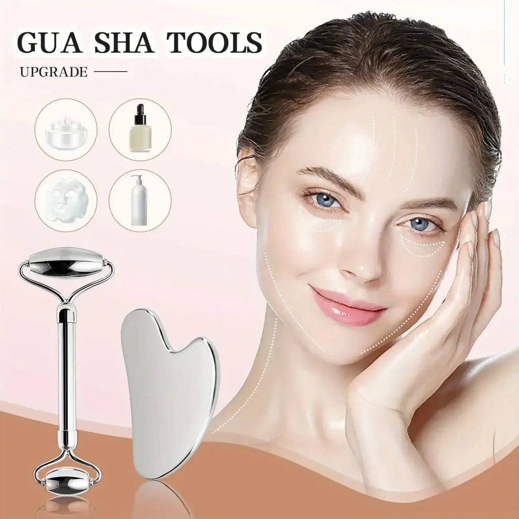 Stainless steel dual-head facial roller and heart-shaped gua sha tool beside a woman showcasing facial massage lines.