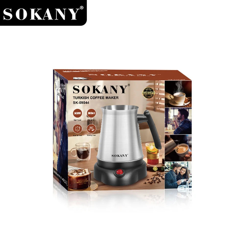 Sokany 600ml stainless steel Turkish coffee maker, 600W electric pot with black base and handle in product packaging.