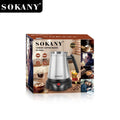 Sokany 600ml stainless steel Turkish coffee maker, 600W electric pot with black base and handle in product packaging.